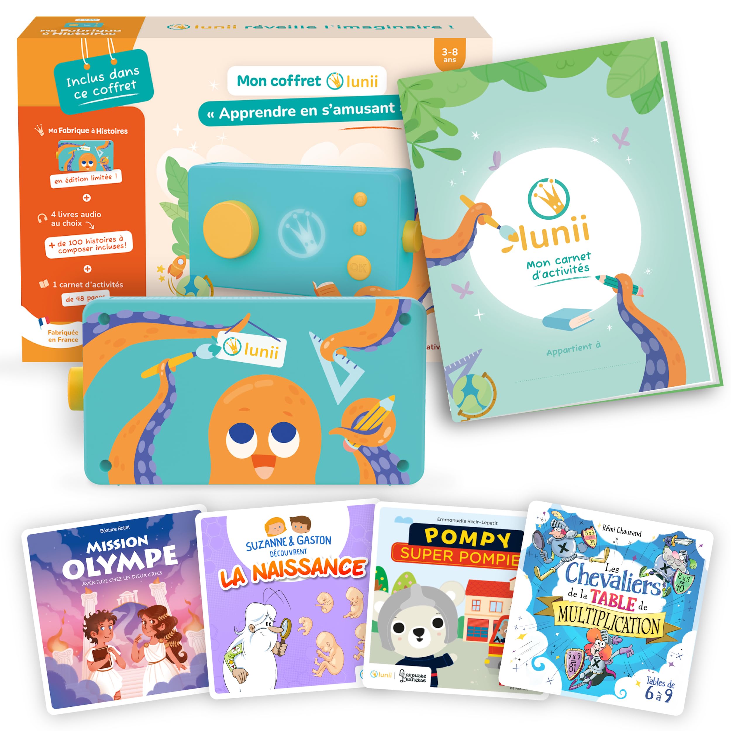 Lunii - Coffret Apprendre en s'Amusant - Fabrique à Histoires + 4 Livres Audio AU Choix + Carnet d'activités 48 Pages - Enfants 3-​8 Ans - Conteuse fabriquée en France
