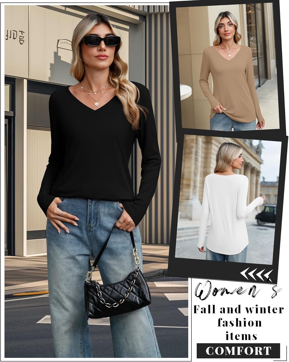 Ficerd 3 Pack Women's Long Sleeve Shirts, V Neck Cotton Blend Tops Loose Fit Casual T-Shirts Curved Hem Basic Layering Tees - Image 6