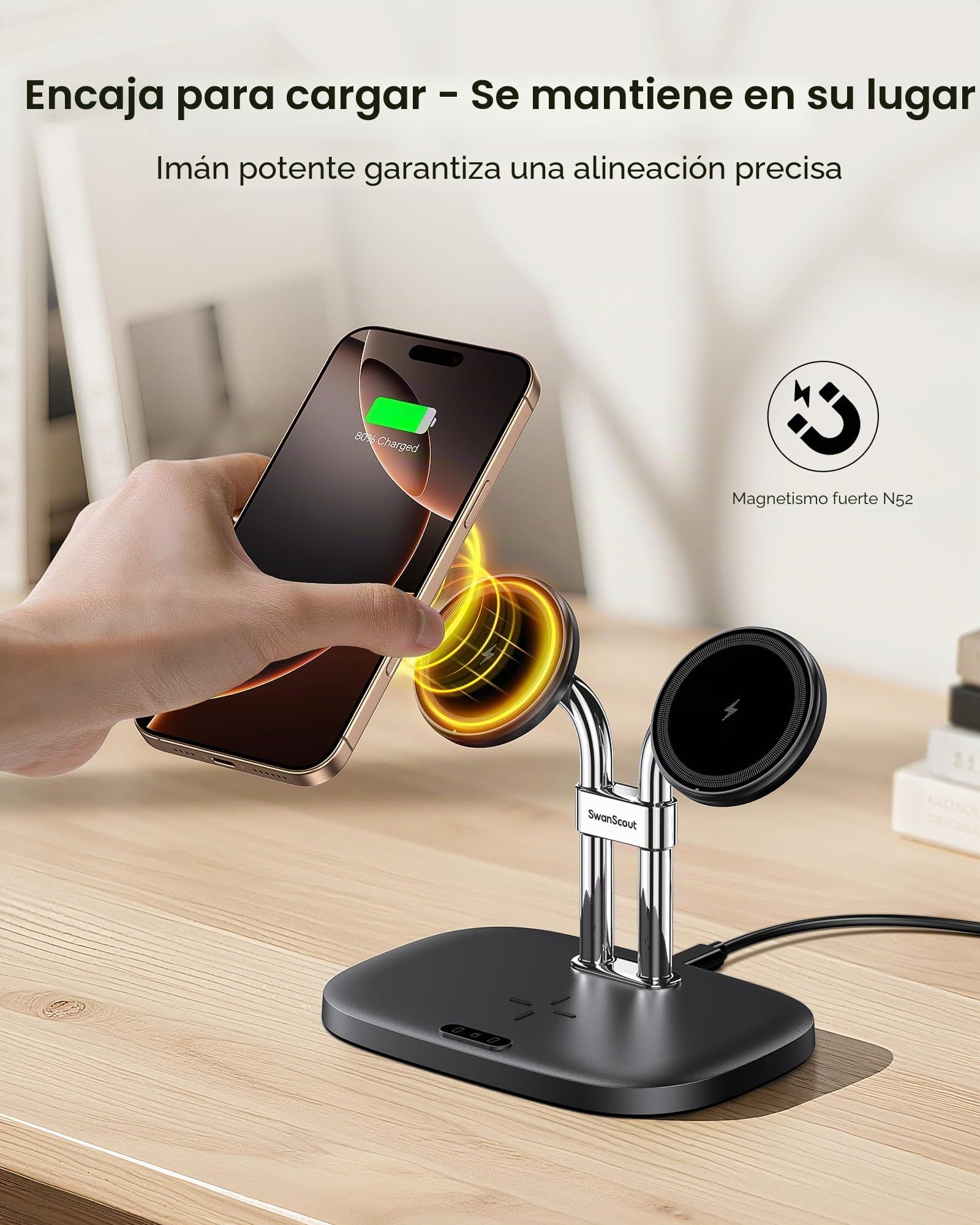 SwanScout Cargador Inalámbrico Doble para iPhone 17e/17/Air, Cargador Magnético para iPhone 16/15/14/13/12 Serie, Estación de Carga para AirPods Pro 3/2/Pro, SwanScout 706M (Negro)