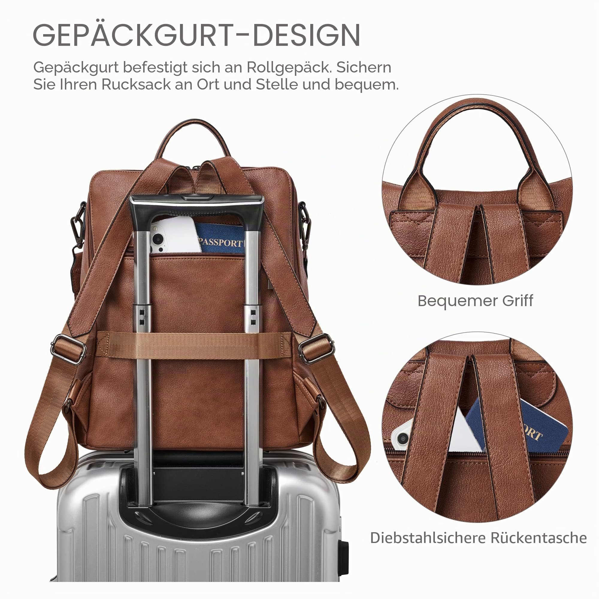 Shrrie Rucksack Damen,Cityrucksack Reiserucksack,PU Lederrucksack Handtasche Rucksack Damen Wasserdicht mit Geldbörse für Freizeit,Büro,Pendeln,Arbeit,Daypack-Ölwachsbraun