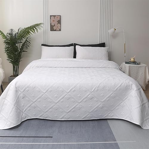 Miniatura 7 de Airensky Juego de ropa de cama de 3 piezas, tamaño individual, color blanco, colcha de verano ligera y suave, manta acolchada de microfibra para