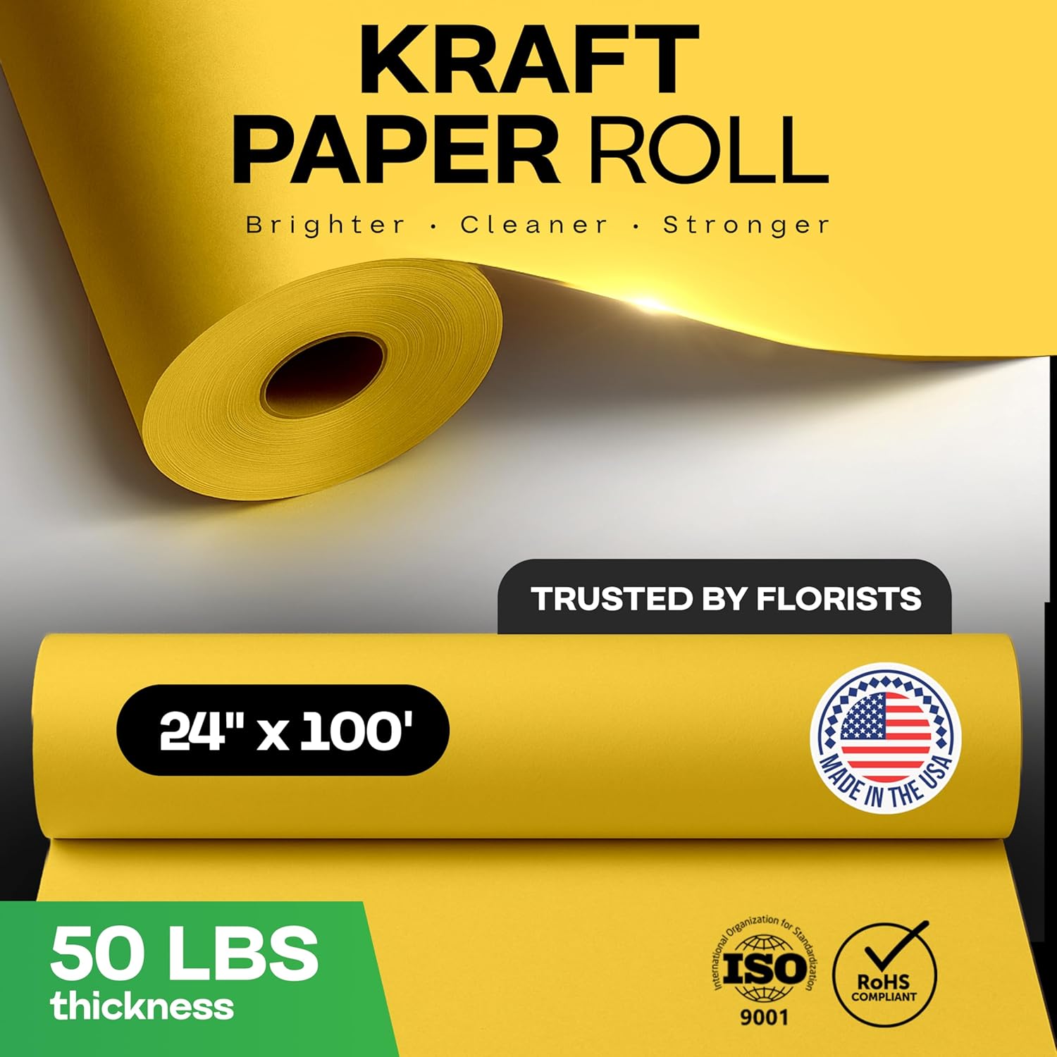 Yellow Flower Wrapping Paper, 24"x1200" (100 ft) - USA-Made Premium 50lb Thick Bouquet Wrapping Paper - Elegant Flower Wrap Roll for Weddings, Ceremonies & Special Events by IDL Packaging