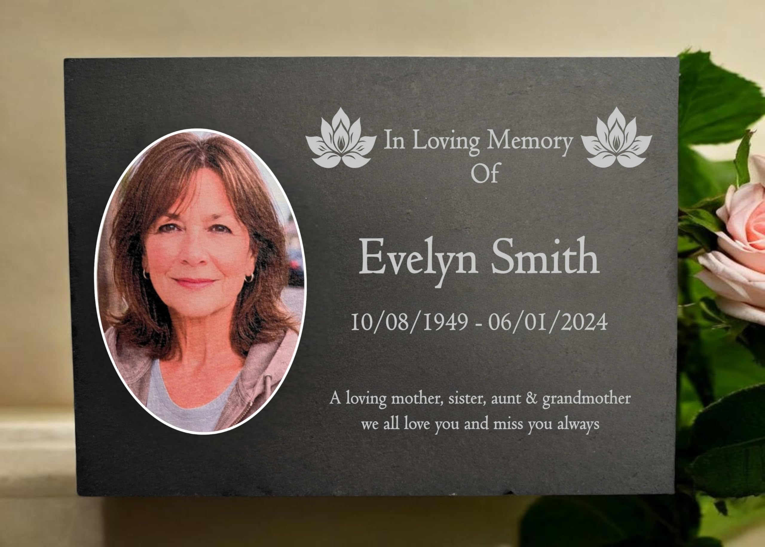 Photo Slate Memorial Plaque, Lotus, Add a Portrait & Personalised Text | 35×25cm (14×10”)