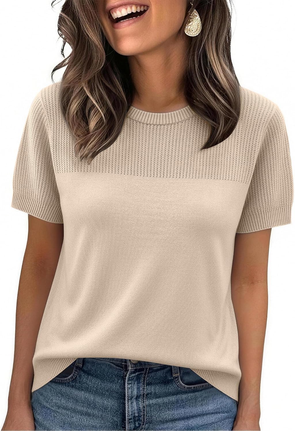 Women's Short Sleeve Sweater Lightweight Knit Tops for Work Casual | Crew Neck Knit Pullover Sweaters Trendy Summer Outfits Light Breathable Business Pull-on Tops