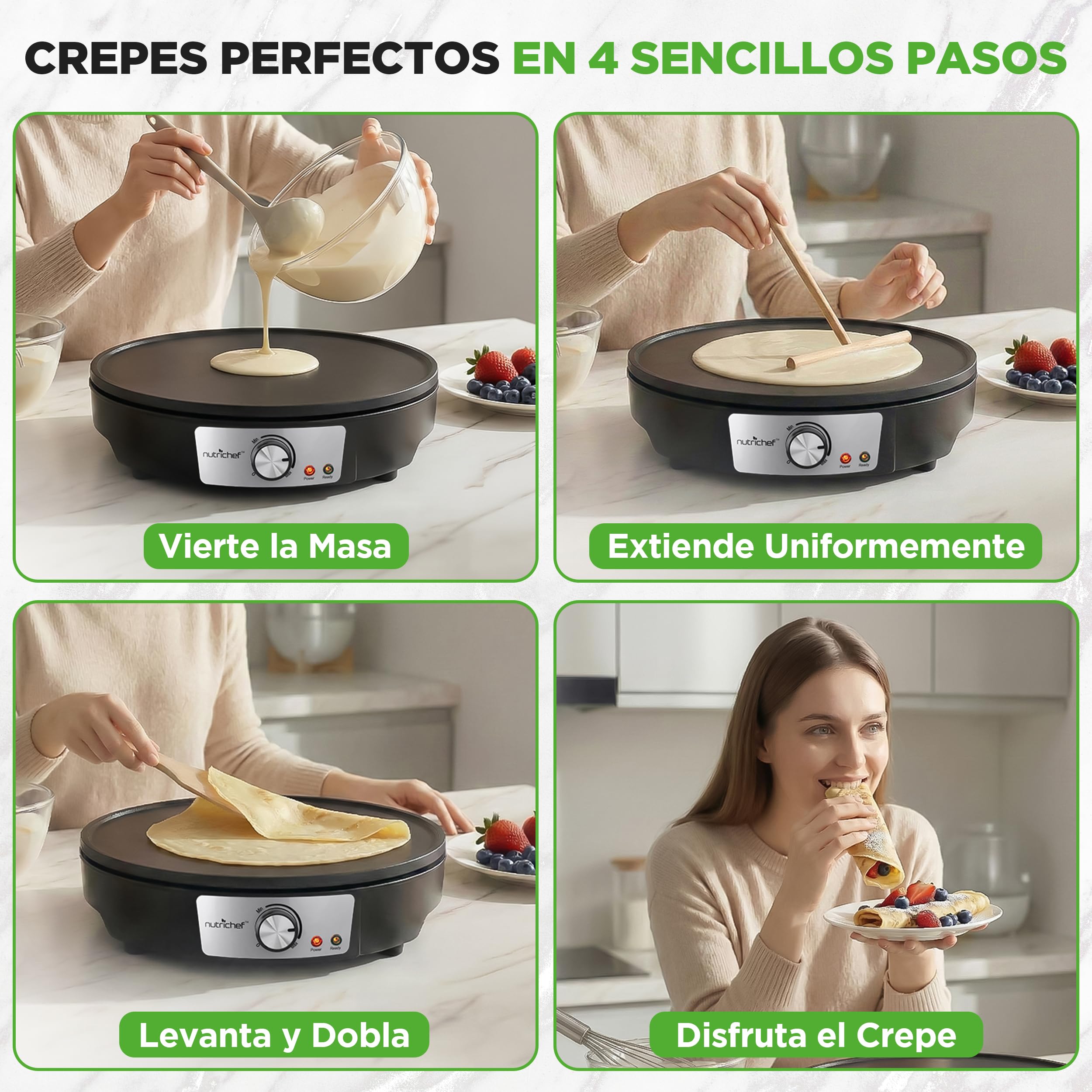 NutriChef crepera electrica, Plancha de cocina, Placa antiadherente, Luces indicadoras LED, Control de temperatura ajustable, Incluye espatula de madera y esparcidor de masa