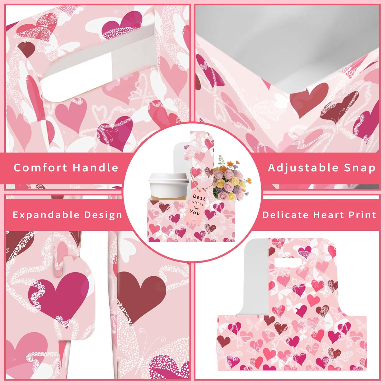 8 Set Drink Carrier,Cardboard Cup Holder with Love, Coffee Cup Holder with Handle,Coffee Carrier with Greeting Card and Ribbon for Valentine's Day Gifts Party Gift,Pink - Image 3