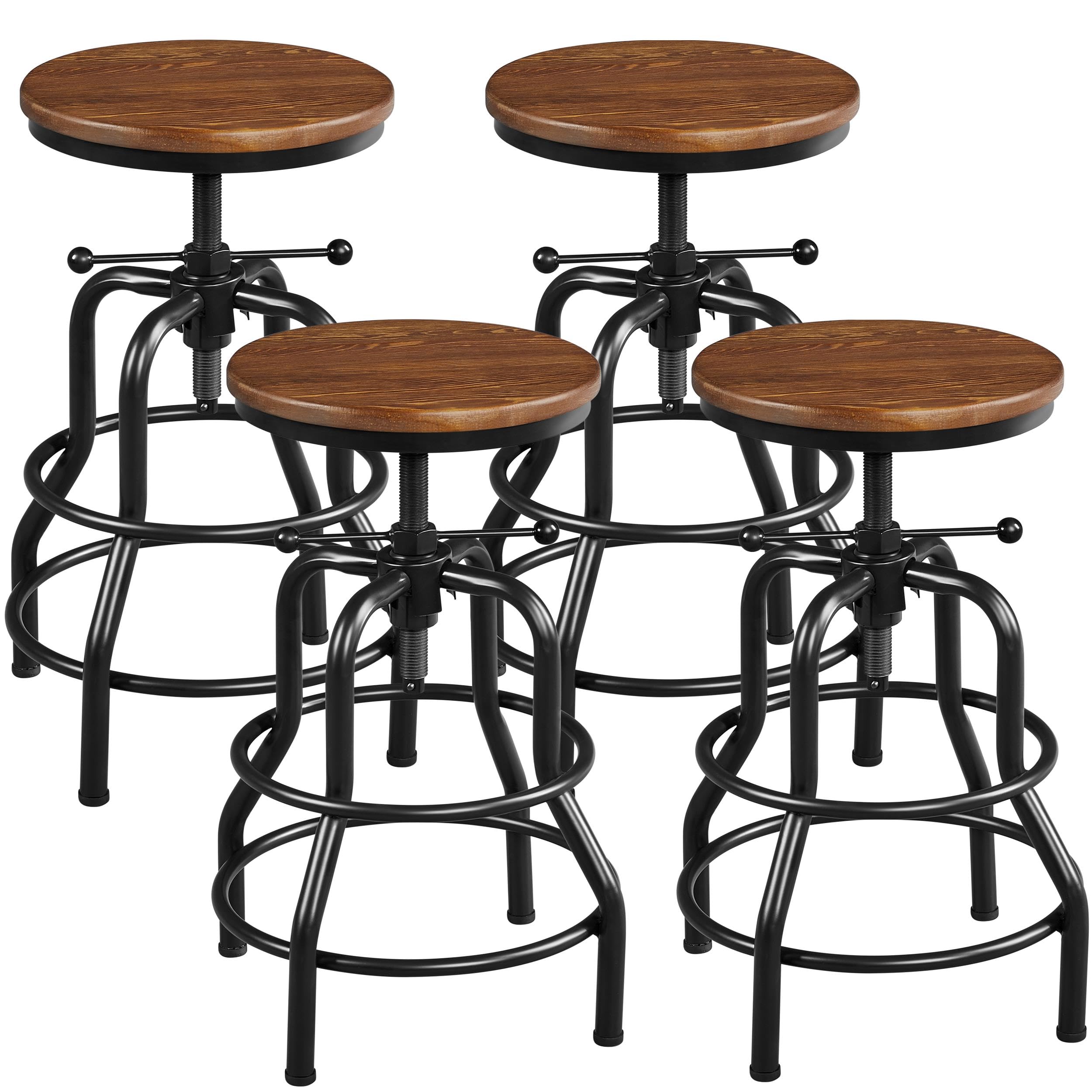 Yaheetech Industrial Adjustable Counter Height Bar Stool Vintage Metal 51-68cm with Round Wooden Top Rustic Barstool for Kitchen Counter Cafe, Brown, 4PCS