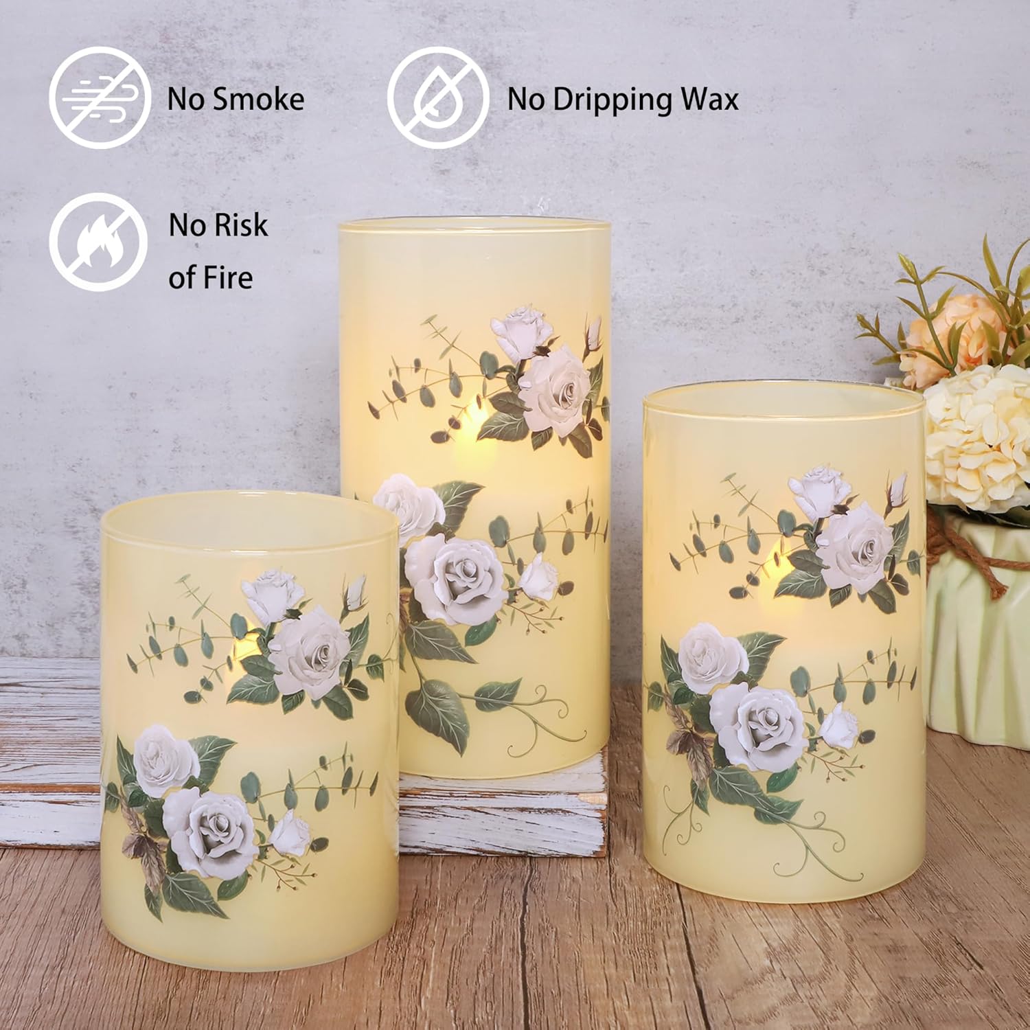 Impress Life Glass Flameless Candles with Remote, Battery Operated Flickering LED Pillar Candles with Timer, Floral Decals for Wedding Home Christmas Decor, Set of 3
