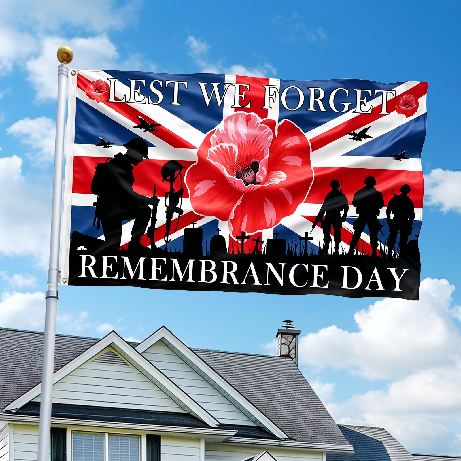 Lest We Forget Flags 5ft x 3ft with Eyelets Poppy Flags Remembrance Day