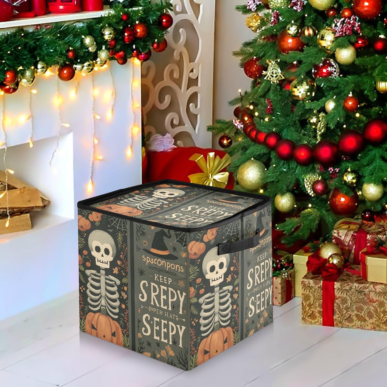 OTVEE Christmas Ornament Storage Box Holiday Decoration Organizer Stores upto 64 Holiday Ornaments Adjustable Dividers Tear-Proof Fabric Creepy Halloween Decor