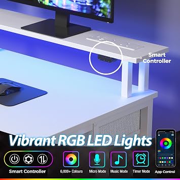 Seventable 100cm Computer Desk with LED Lights, USB Ports & Power Outlets, Monitor Stand and 5 Storage Drawers – Home Office Desk, Study Desk for Bedroom or Small Spaces, White