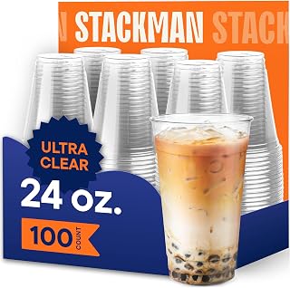 Stack Man [100 Pack - 24 oz.] Clear Disposable Plastic Cups PET Crystal Clear Disposable 24oz Plastic Cups