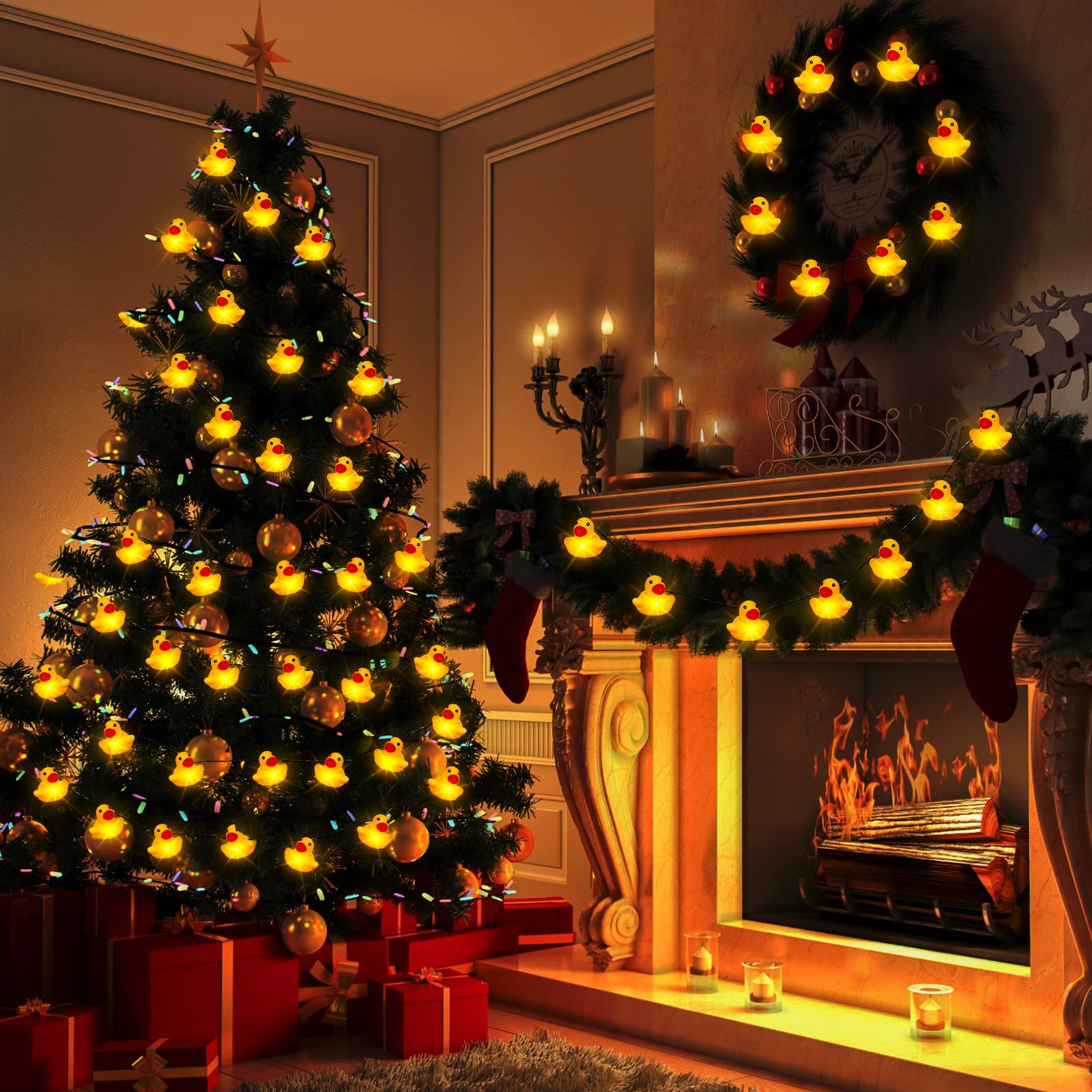 Deekin 60/100 luci LED a forma di anatra in gomma per albero di Natale, a batteria, decorative, per Natale, vacanze, pareti, finestre, cortile, giardino, feste (giallo, 3 pezzi)