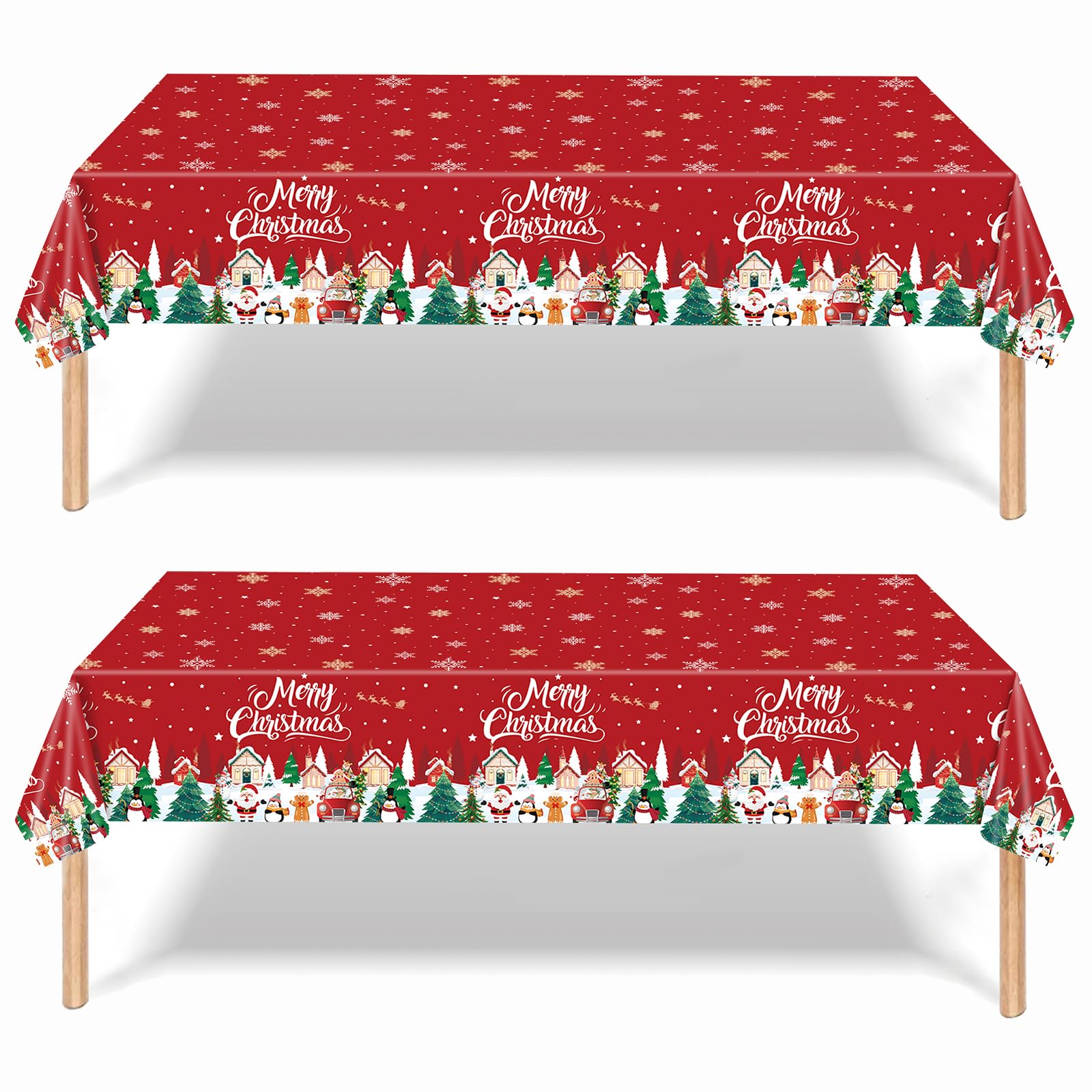XNBTFK 2 PCS Christmas Table Cloth, Red Decoration Tablecloth with Santa and Snowman, Plastic Table Cover for Xmas Holiday Party Decorations Supplies 137 * 274cm