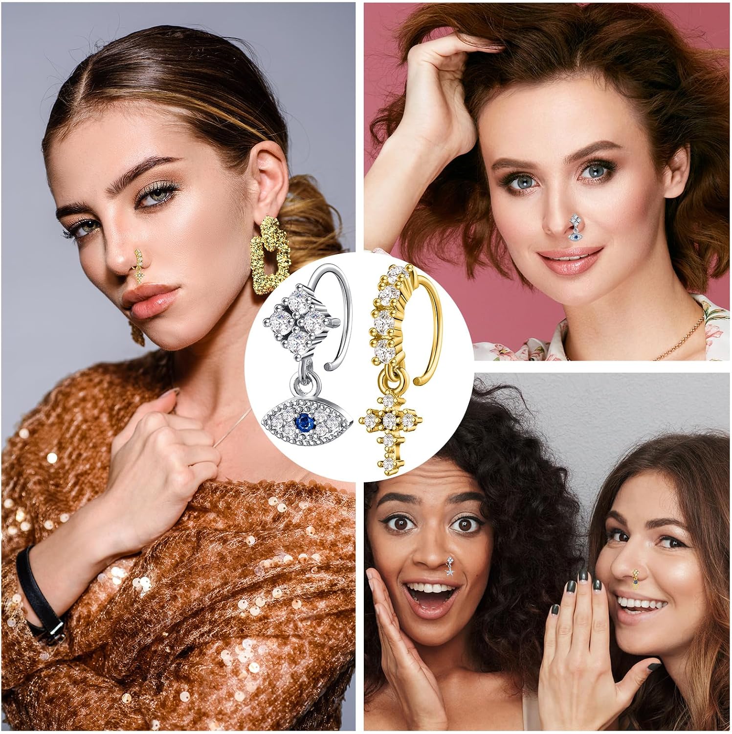 Bonuci 15 Pcs Dangle Nose Ring 20g Nose Ring Hoops Heart Flora Drop Star Cartilage Dangling Piercing Jewelry for Women Bulk Gifts