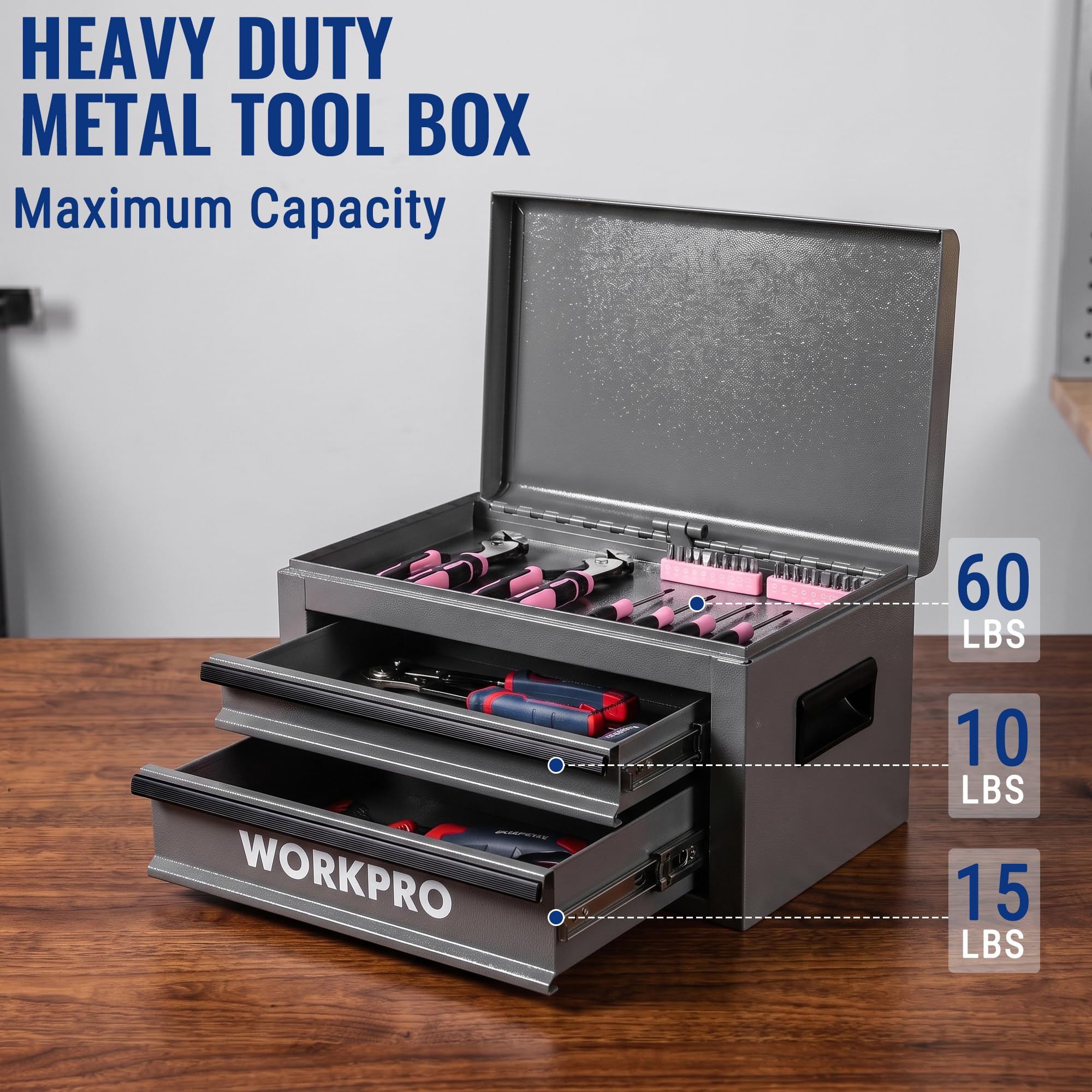WORKPRO Caja de herramientas de metal de 15 pulgadas con 2 cajones y 1 almacenamiento superior, caja de herramientas portátil resistente con asa para garaje, oficina y hogar, capacidad de carga de