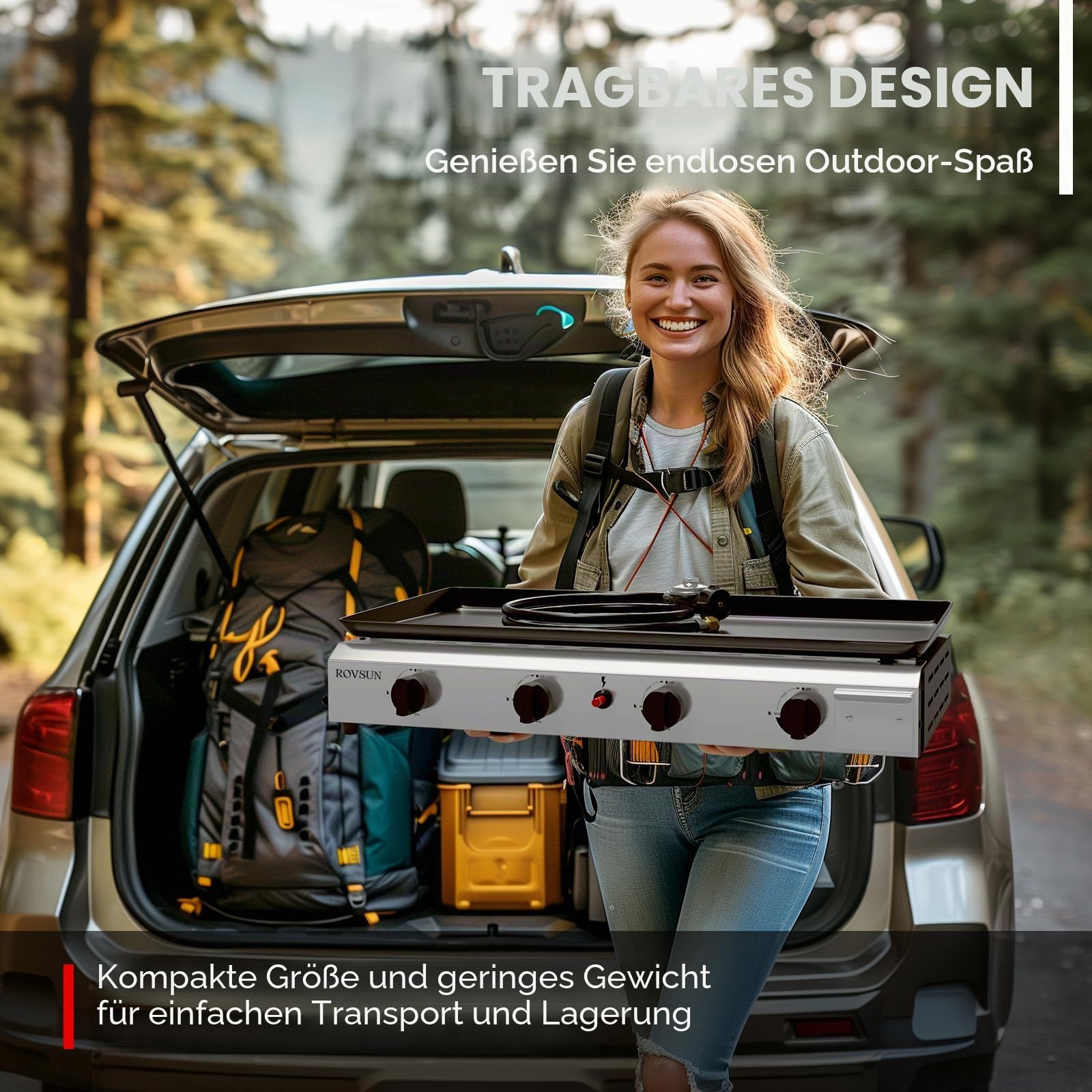 ROVSUN Gasgrill Camping Gas Grill Camping Tischgrill aus Edelstahl, mit 4 Brennern, 9,6 kW, Emaillierter Antihaft-Grillplatte & Ein-Klick-Zündung für Camping, Garten & Strand, 76x39x16 cm