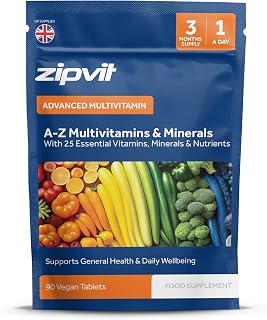 Zipvit A-Z Multivitamin Tablets for Men & Women, 25 Essential Vitamins & Minerals, Extra Support for Energy, Heart, Immunity & Mental Performance, 90 Vegan Tablets, 3 Month Supply, Eco-Friendly Pouch