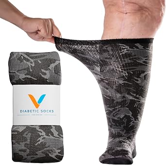 Viasox EasyStretchTM Diabetic Socks for Men & Women, Non Binding Top, Seamless Toe, Loose Fit, Camo