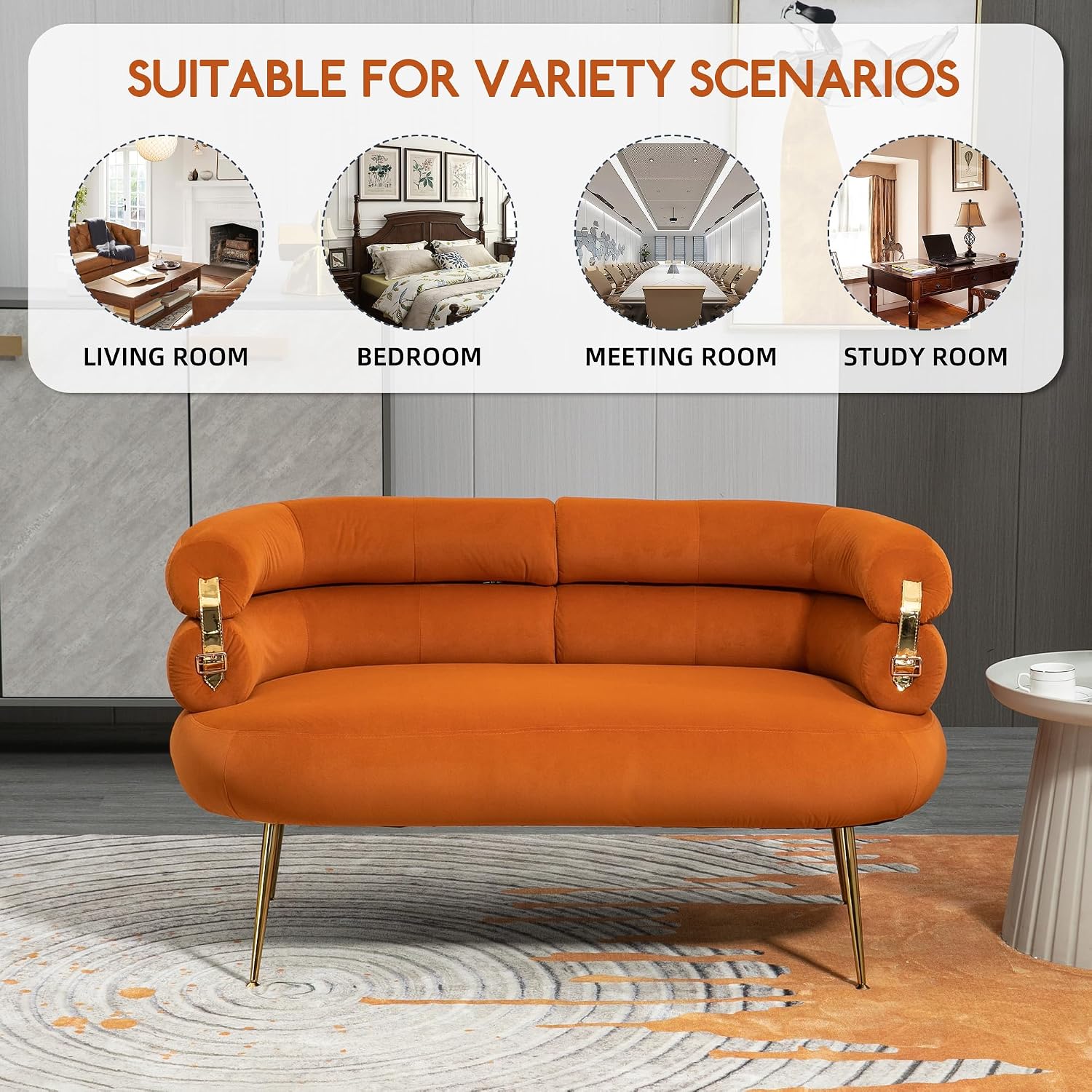 QQU Modern Velvet Loveseat Sofa, Comfy Upholstered Seat Couch with Metal Legs, 2-Seater Accent Sofa Chair with High Back for Living Room Bedroom（B-Orange）