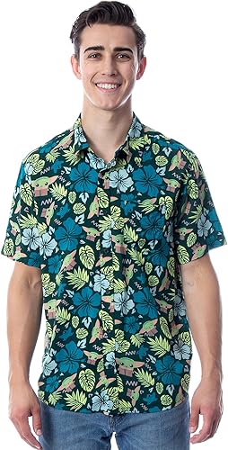 Vista 4 de Star Wars The Mandalorian Grogu Baby Yoda Leaves Camisa hawaiana con botones para hombre
