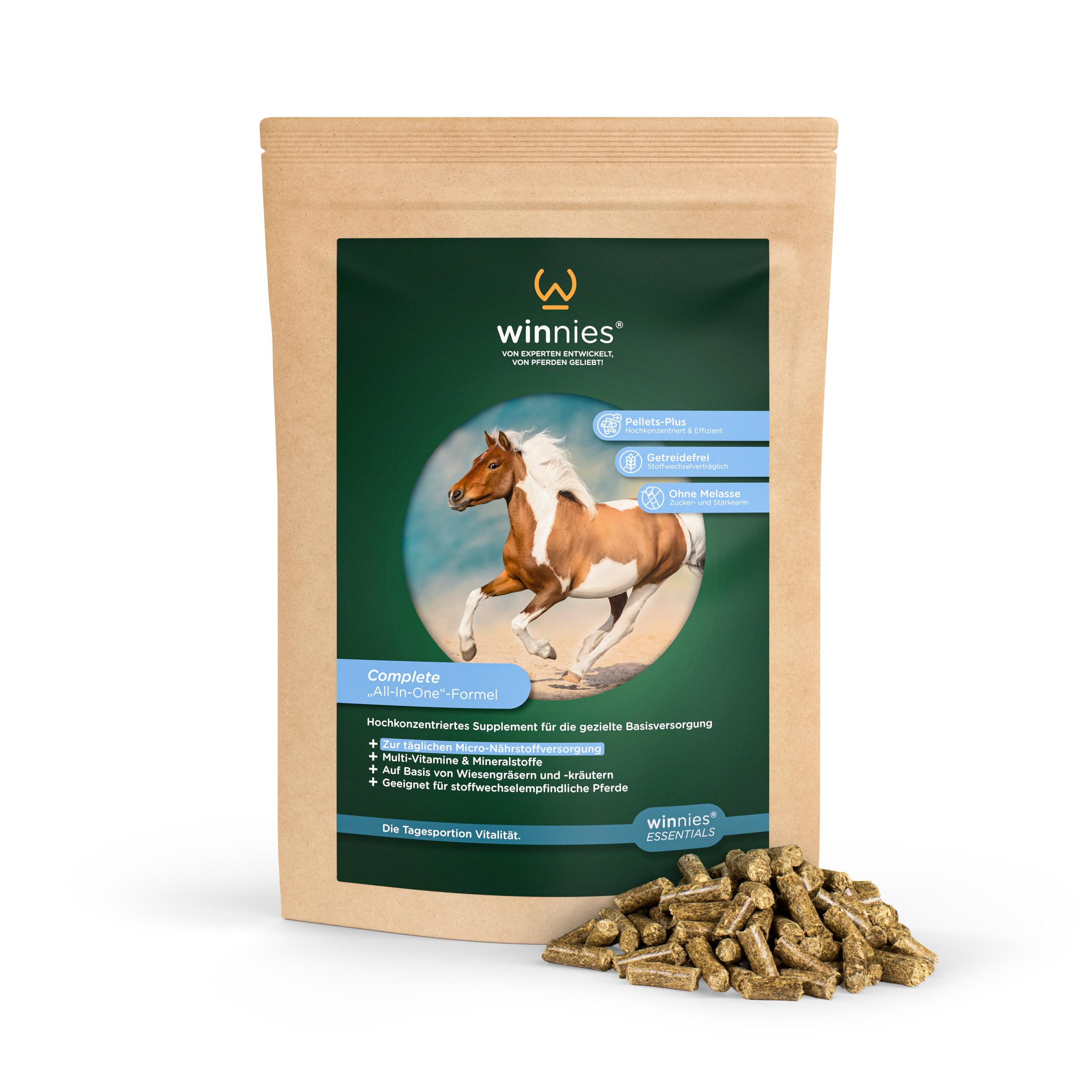 winnies® Complete Pellets Plus – All-in-One Ergänzungsfuttermittel für Pferde mit über 20 Vitaminen & Mineralstoffen – getreidefrei, stoffwechselverträglich, ohne Zucker – ADMR-konform – 1,5 kg