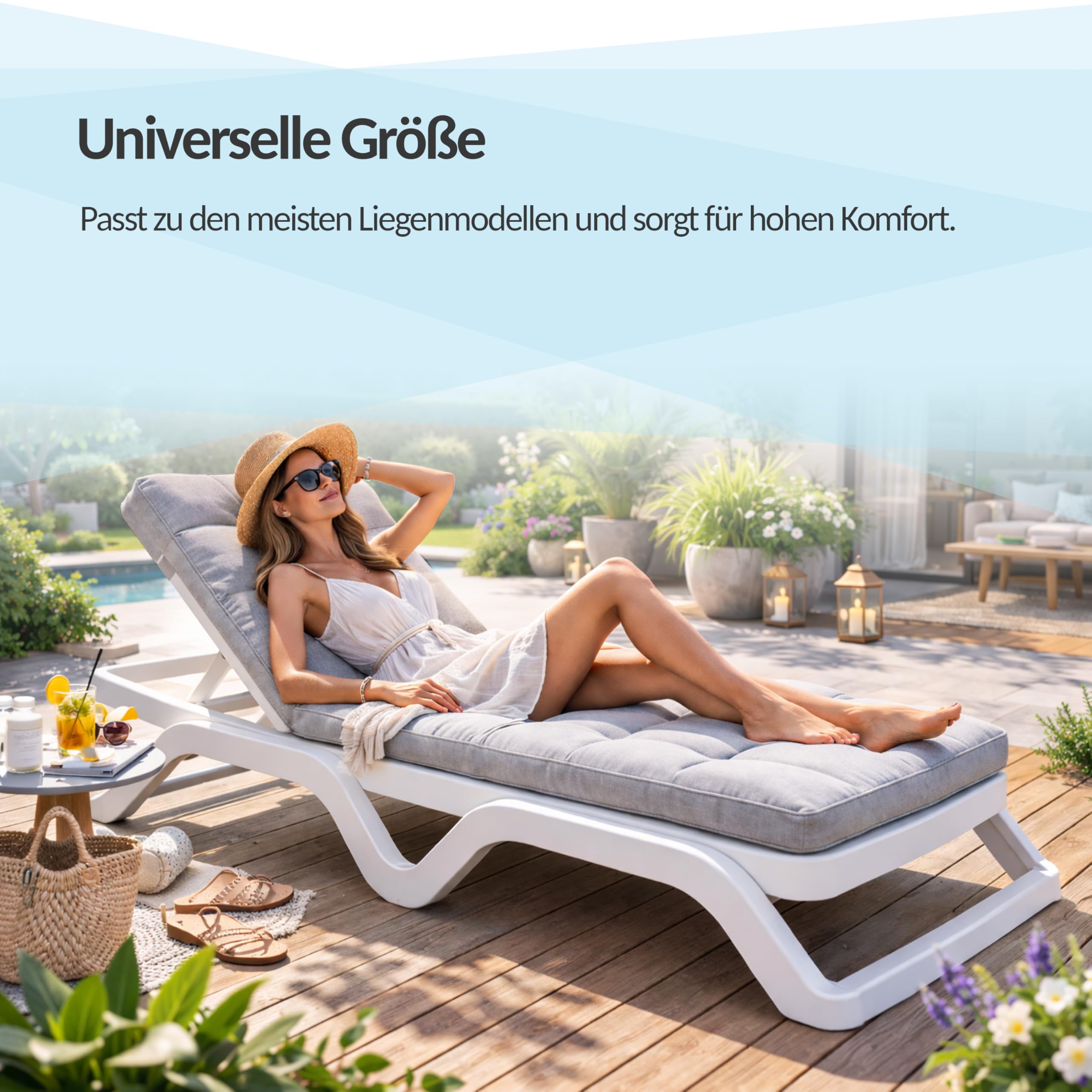 POKAR Liegenauflage 200x60x13 cm | Wasserabweisend | Gesteppte Sonnenliege Auflage | Polsterauflage für Liegestuhl und Deckchair | Outdoor Kissen für Gartenliege | Oeko-TEX | Made in EU | Anthrazit