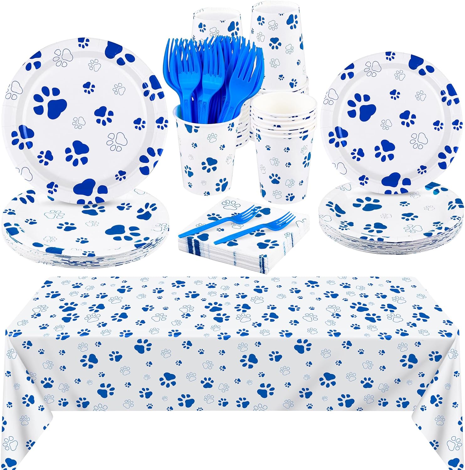 durony 121 Pieces Pink Paw Print Party Supplies Dog Birthday Tablecloth, Plates, Napkins, Forks and Paper Cups Decorations for Puppy Theme Party Supplies