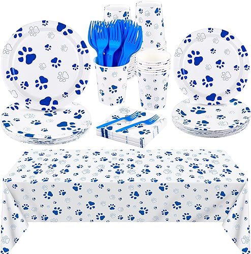 durony 121 piezas de suministros de fiesta con estampado de pata azul para perro, mantel de cumpleaños para perros, platos, servilletas, tenedores y