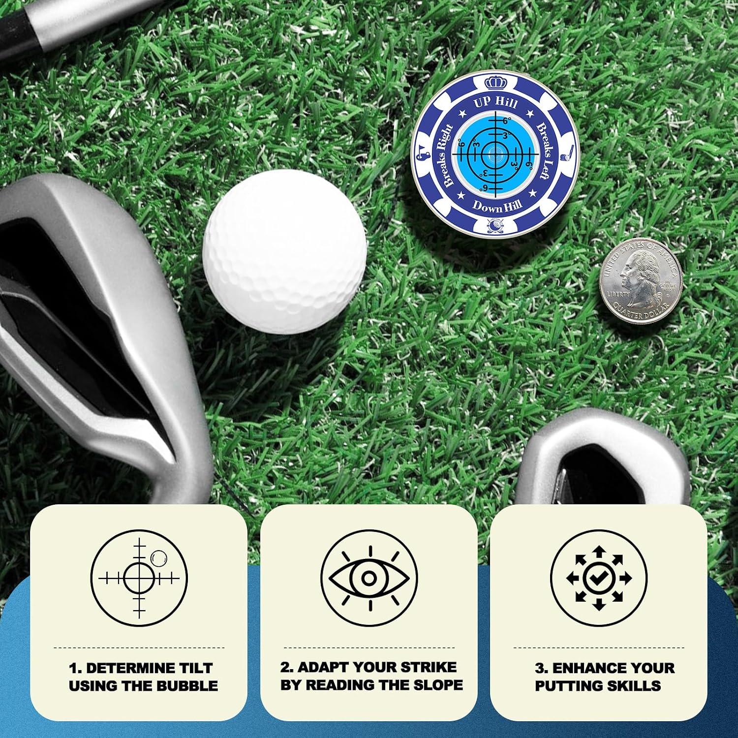 Golf Green Reader, 4 Pack Ball Marker for Putting Green with Bubble, Golf Accessories Putt Aid Tool with Hat Clip image 2