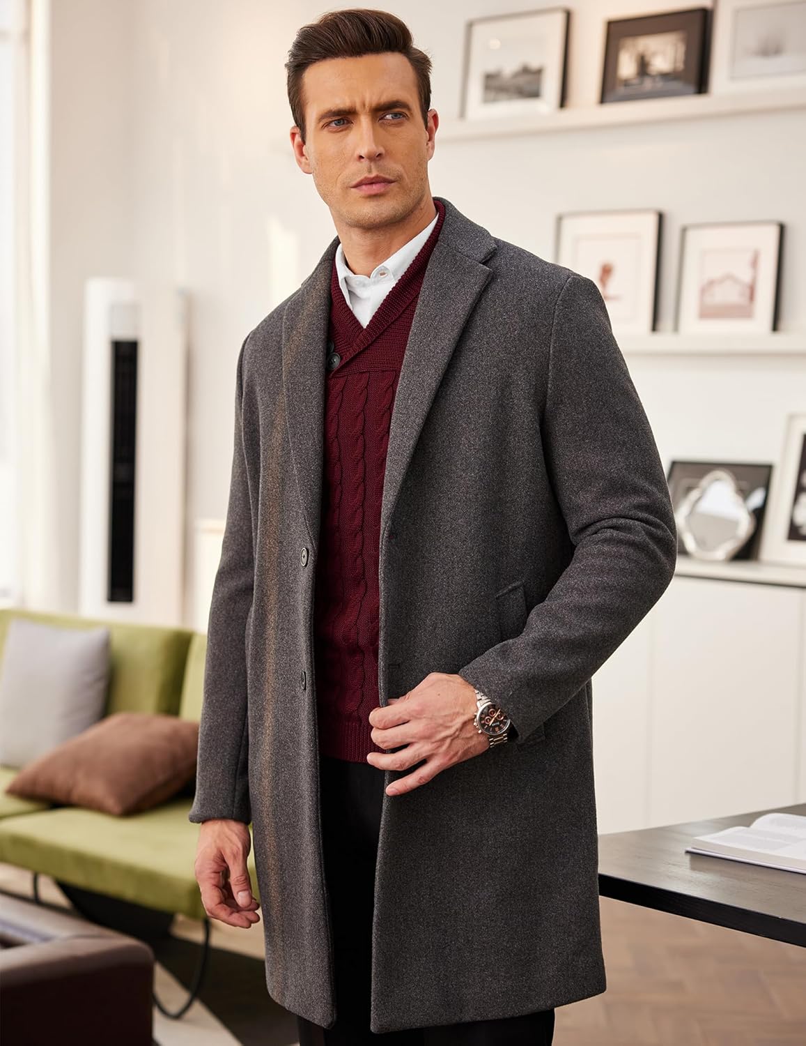 COOFANDY Men's Shawl Collar Pullover Sweater Slim Fit Casual Button Cable Knit Sweaters