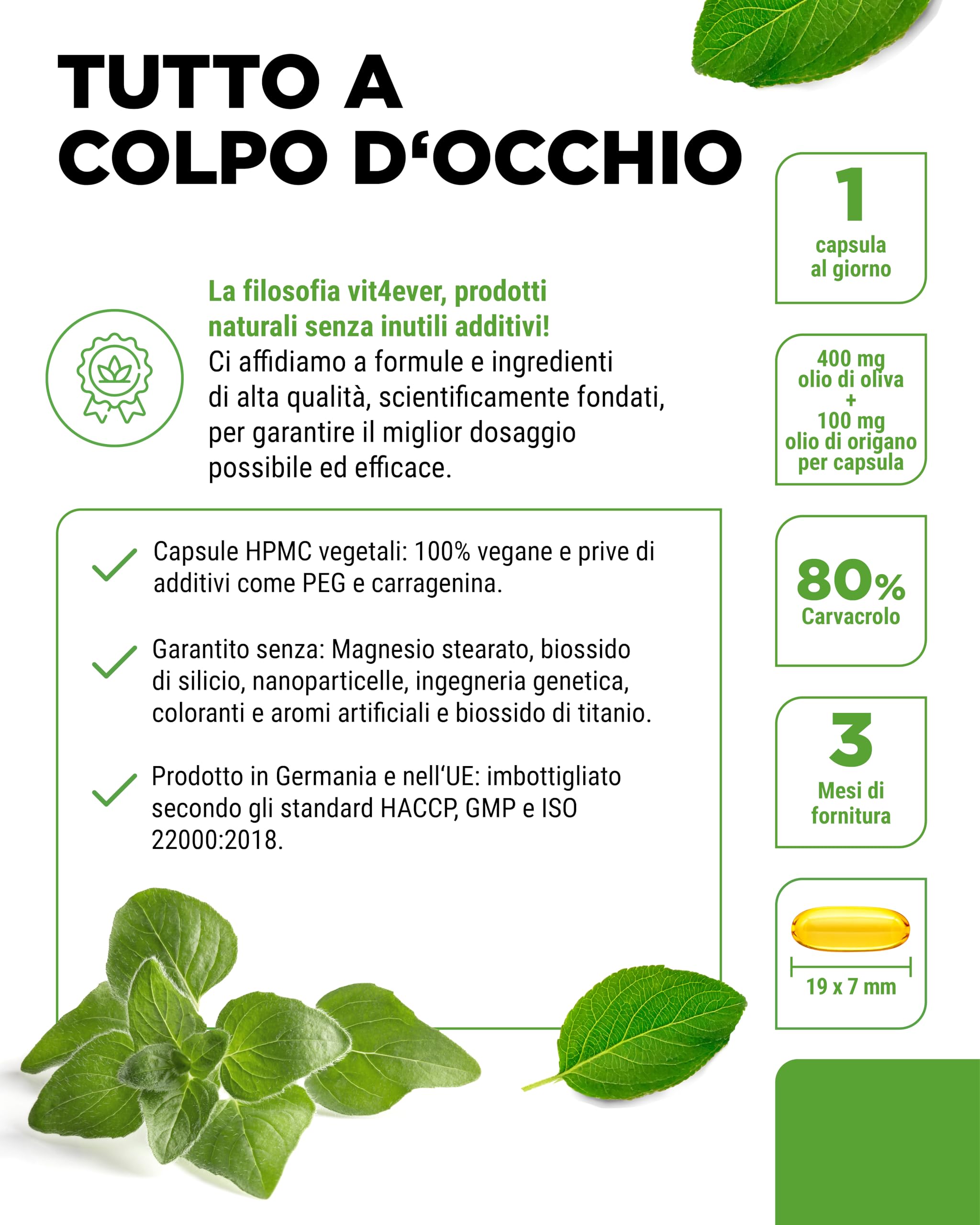 Olio di origano biologico e carvacrolo 80 mg - 90 capsule con olio d’oliva vergine da coltivazione controllata - Origano greco ad alto dosaggio - Vegano