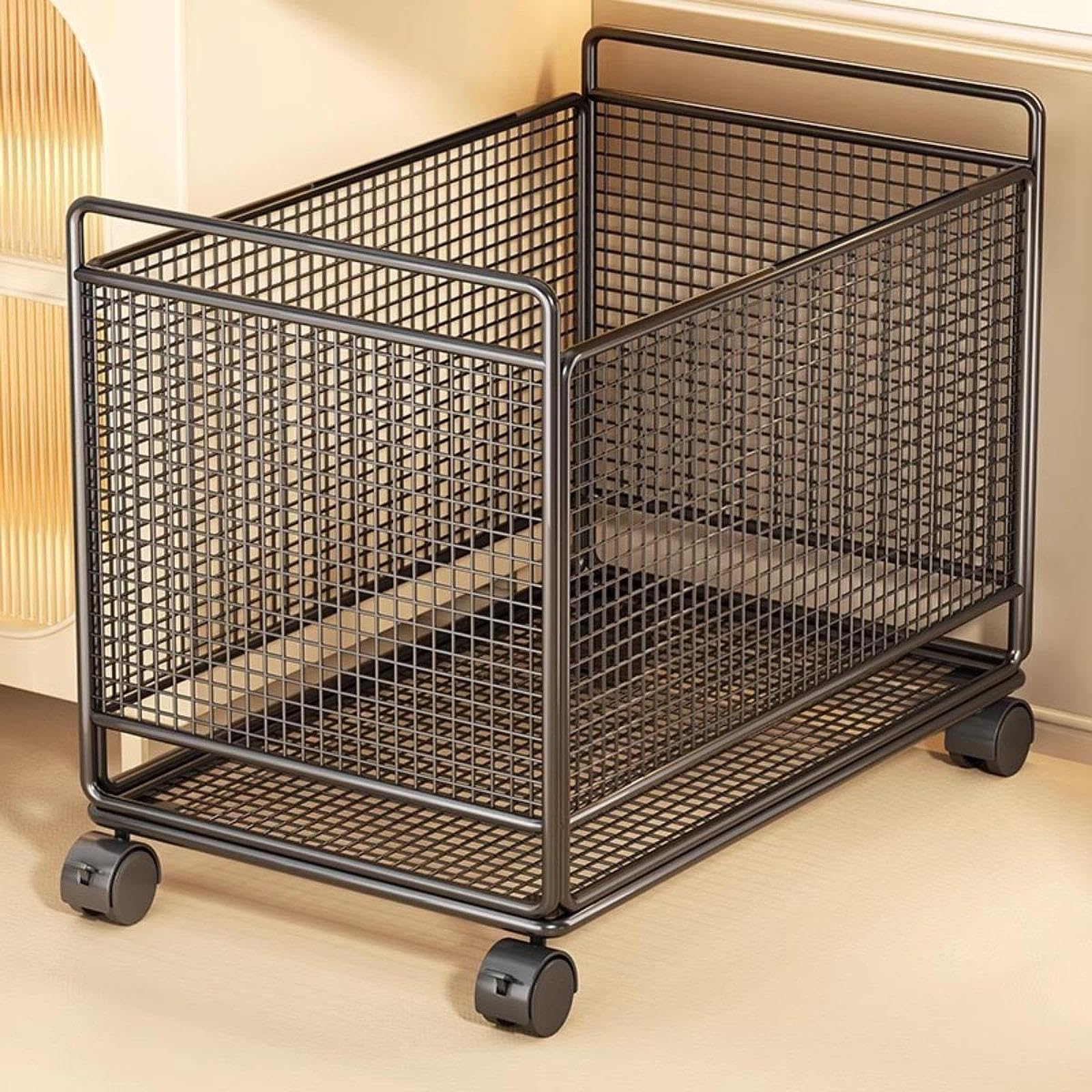 rockible Cesta de Lavandería con Ruedas de Alambre de Metal, Práctica Cesta de Almacenamiento para Ropa Sucia, Ideal para La Entrada del Hogar Y El Dormitorio, Negro, L