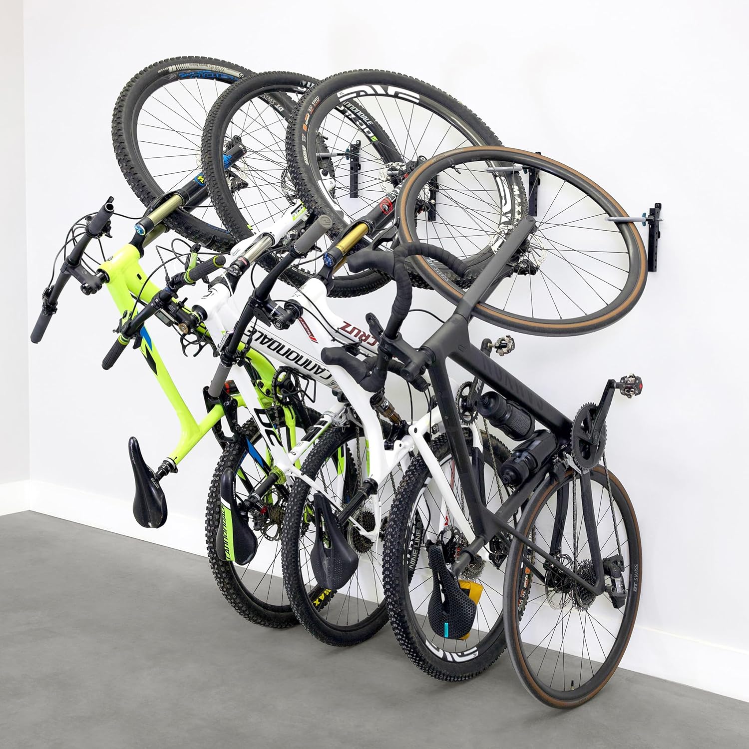 WheelRest Bike Hook, No-Lift Garage Wall Mount, Vertical Bicycle Storage Rack, Adjustable Bike Hanger for MTB, Road, eBike, 4 Pack