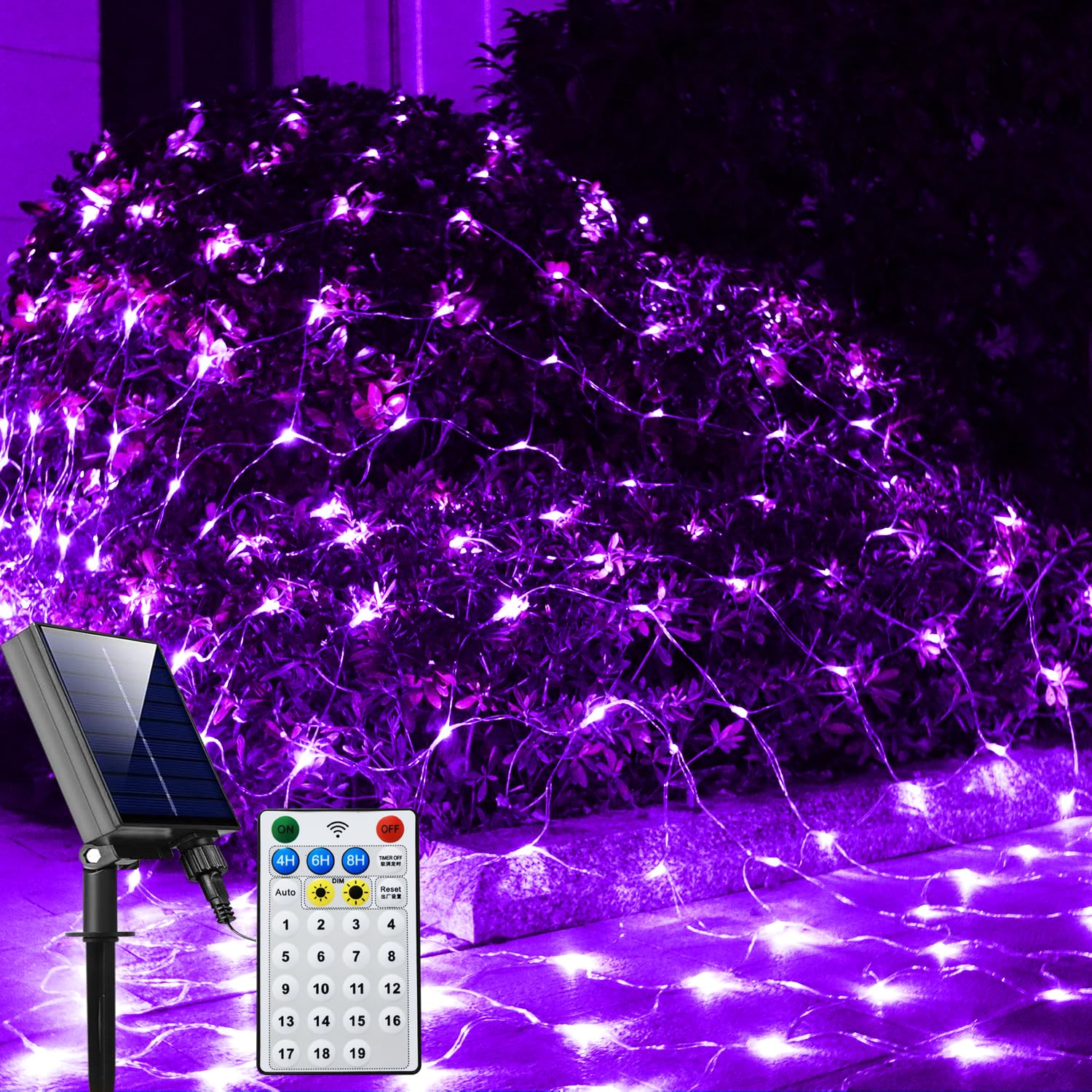 Curyidy Solar Net Halloween Lights Purple,200 LED Net Lights Outdoor Mesh Lights, 19 Modes Solar Powered/USB Remote Control String for Garden, Yard, Bushes, Trunk, Halloween, Xmas Tree Decor โ image 1