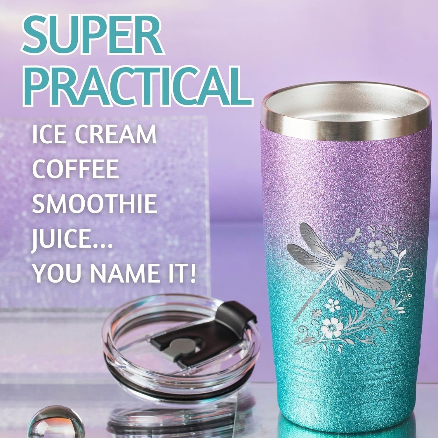 Onebttl Dragonfly Gifts, Coffee Travel Mug for Women, Men, Daughter - Stainless Steel 20Oz Tumbler Glitter Purple and Blue - Image 4