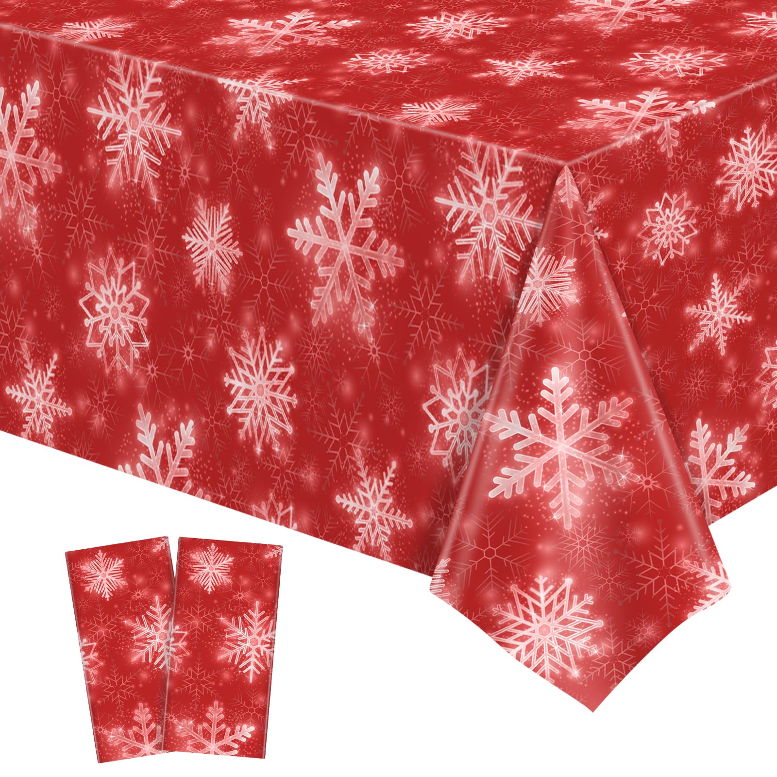 NatNarr 2 Pack Christmas Snowflake Tablecloths, 54 x 108 inch Winter Snowflake Plastic Table Cloth Red and White Disposable Table Cover — image 1
