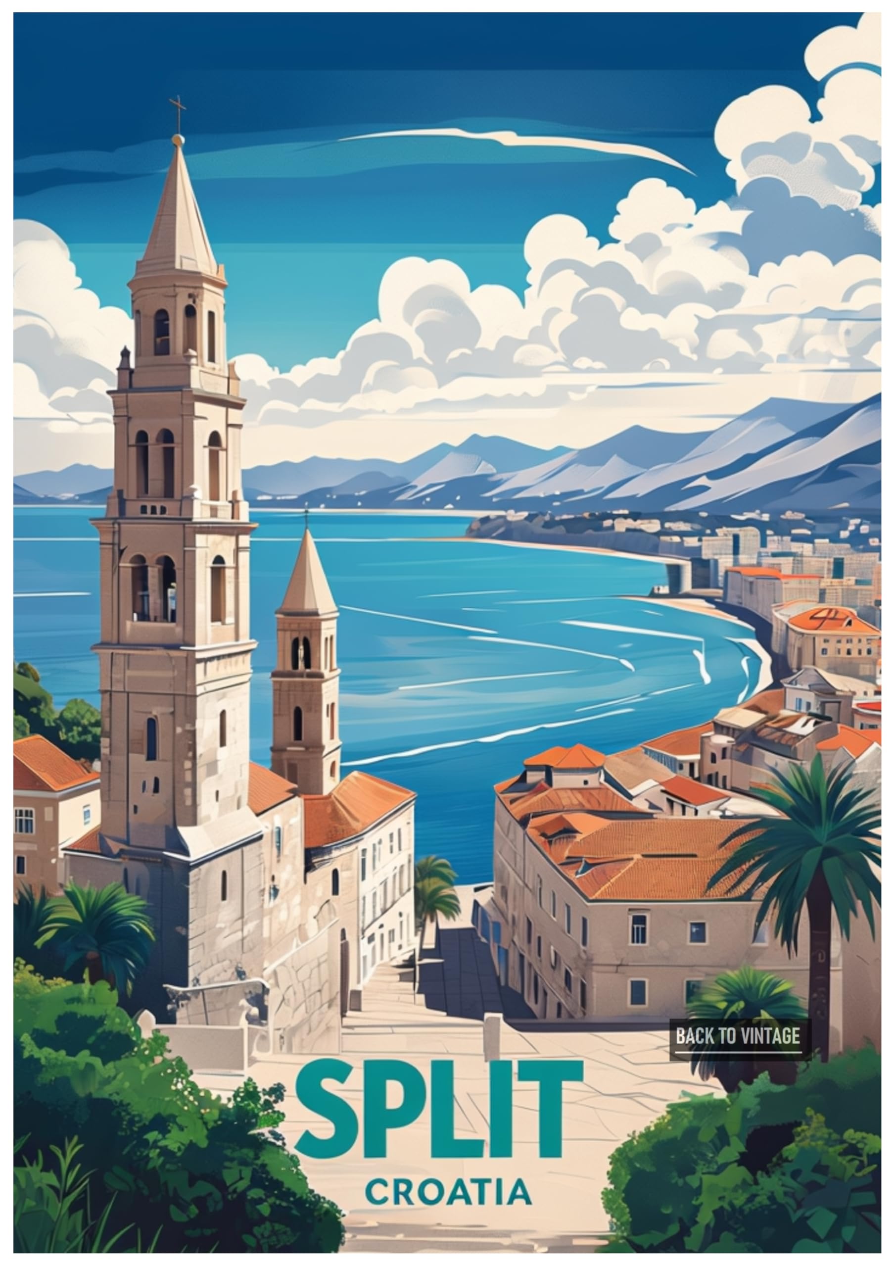 Back To Vintage Multicoloured Vintage Travel Poster Illustration Of Split Croatia's Scenic Coastline - Retro Europe Travel Poster A4 Size Vintage Wall Art Print Of Famous European Destinations Ideal For Home Or Office Decor