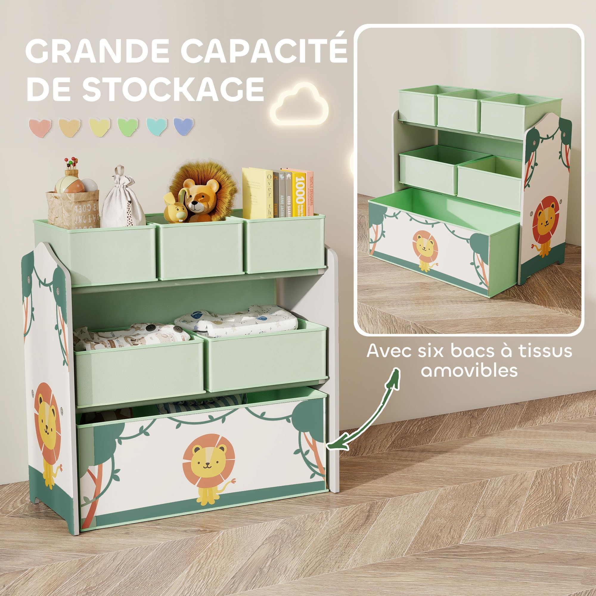 AIYAPLAY Mobile portaoggetti per bambini a 3 livelli, scaffale portaoggetti per giocattoli per bambini con 6 scatole in tessuto rimovibili, per cameretta dei bambini, sala giochi, asilo nido, verde