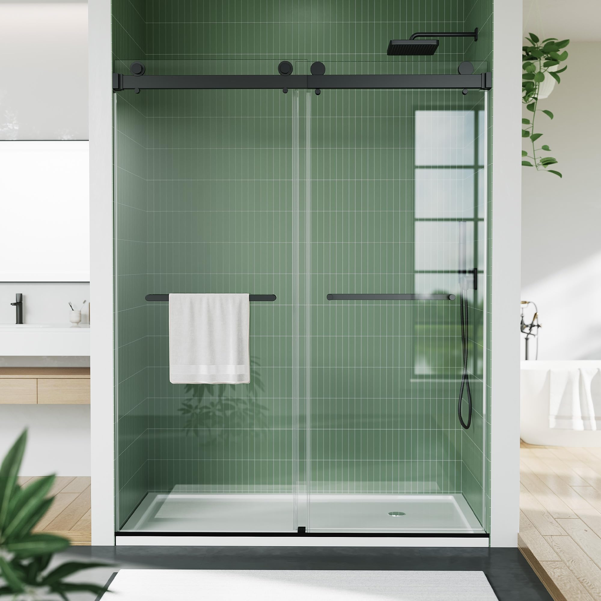 Frameless Double Sliding Shower Door, 56-60" W x 74" H Enclosure, 1/4" (6mm) Clear Tempered Glass, Space-Saving Design for Modern Bathrooms,Matte Black