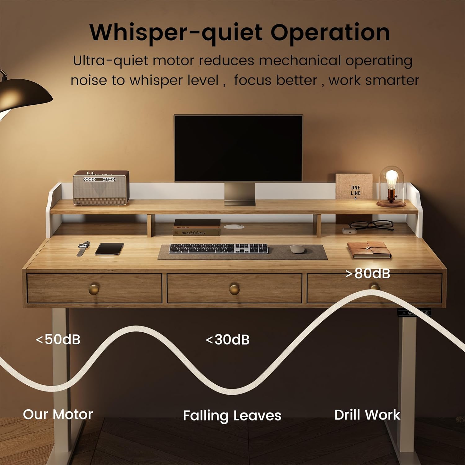 An electric height adjustable desk shown in a home office setting, demonstrating its ability to be used at both sitting and standing heights.