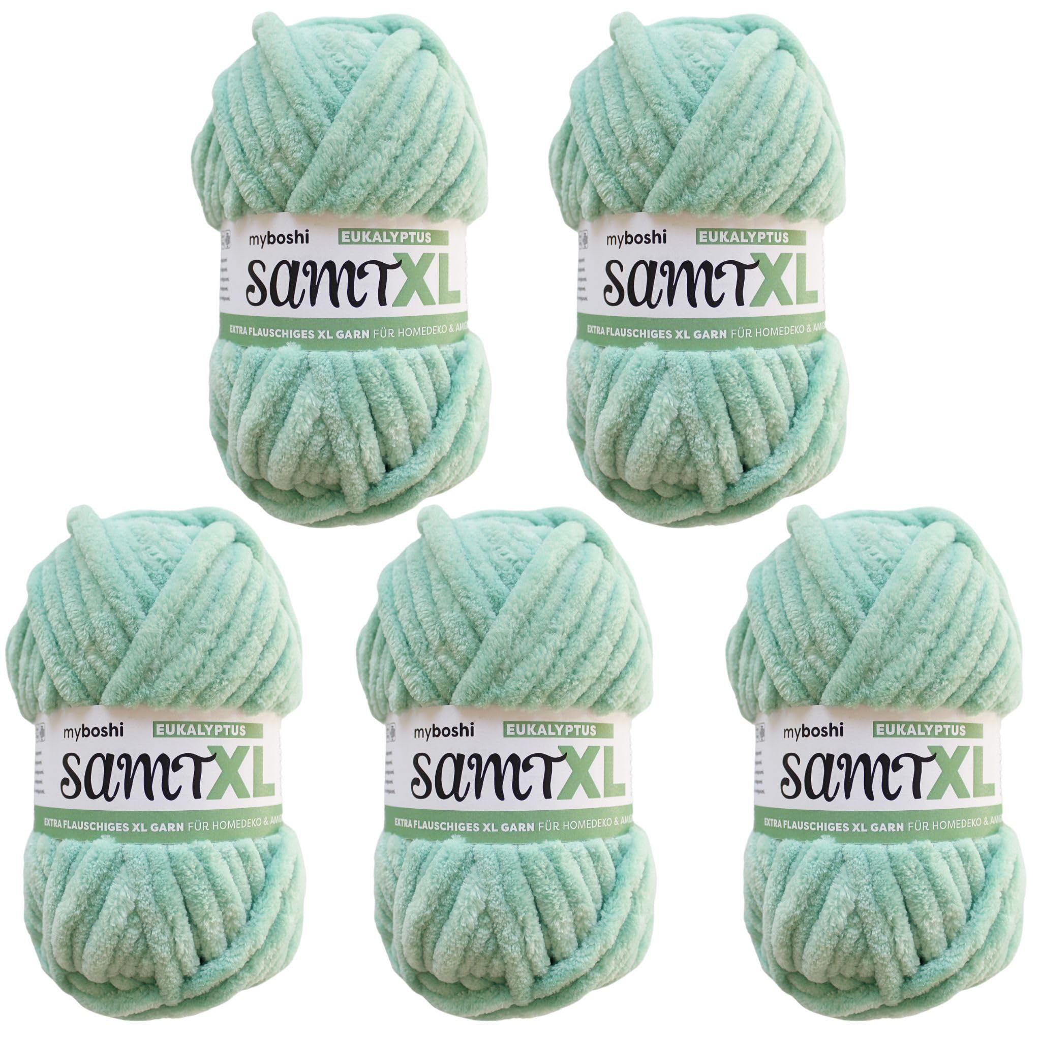 myboshi Samt XL, kuscheliges, extra dickes Chenillegarn, super chunky, zum Häkeln und Stricken, XXL-Knäuel, 100g, Ll 40m, Grün (Eukalyptus), 5 Knäuel