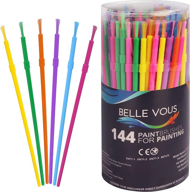 Belle Vous Kids Colourful Plastic Paint Brush Set with Case (144 Pack) - 18.6cm/7.32 Inches - Children's Starter Art Tool Supplies - Soft Washable Brushes for Watercolour, Acrylic, Oil & Face Painting
