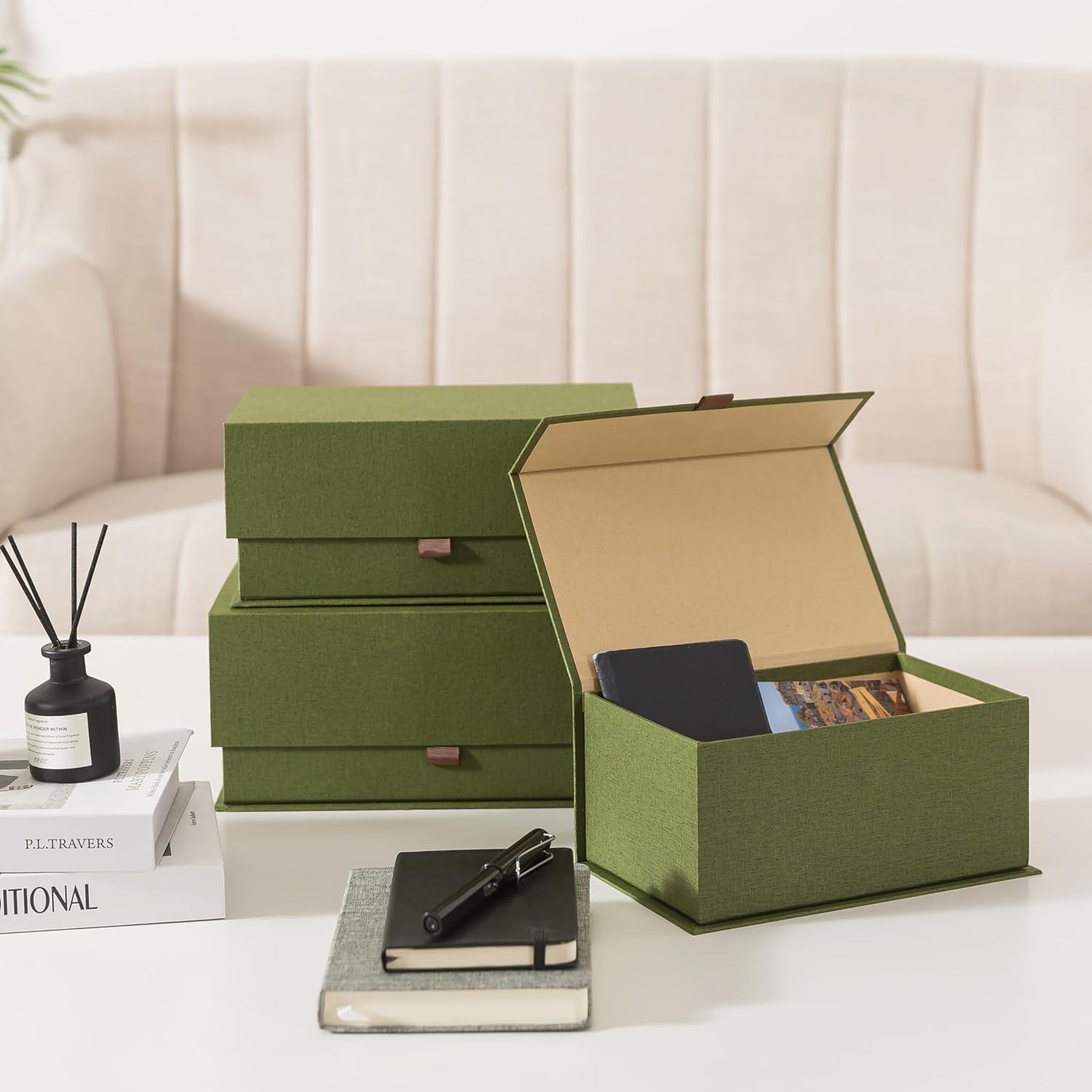 Soul & Lane Decorative Cardboard Storage Boxes with Lids - Set of 3, Memory Boxes for Keepsakes, Stacking Decorative Photo Storage for Pictures and Decor, Green