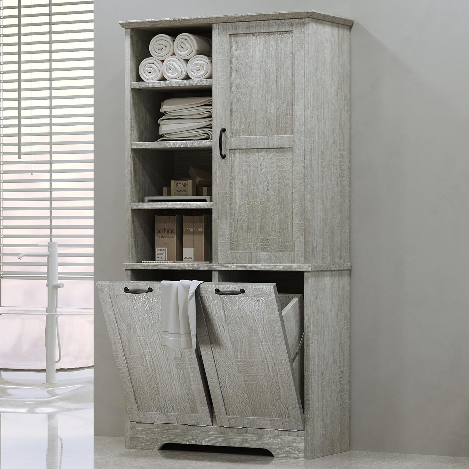 Merax Cabinet with Tilt-Out Laundry Hamper Basket, Tall Bathroom Storage Organizer Linen with Open Shelf for Home, Freestanding, Oak