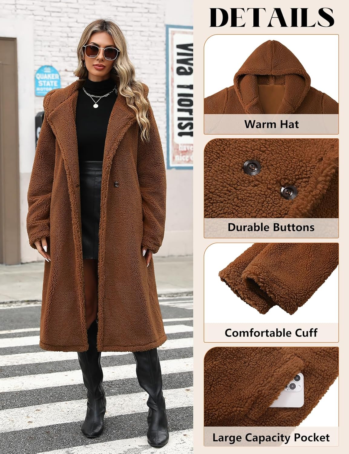 Women's Fuzzy Fleece Hooded Coat Winter Oversize Long Cardigan Jacket Warm Faux Fur Outwear with Pockets - Image 3