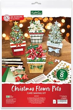 Katy Sue Christmas Flower Pots Card Making Kit. Contains 8 x 300 GSM Cards, Envelopes, 3D Die-Cut Decoupage, Paper Bows, Sticky Foam Pads & 2 Sheets of Christmas Sentiment Banners