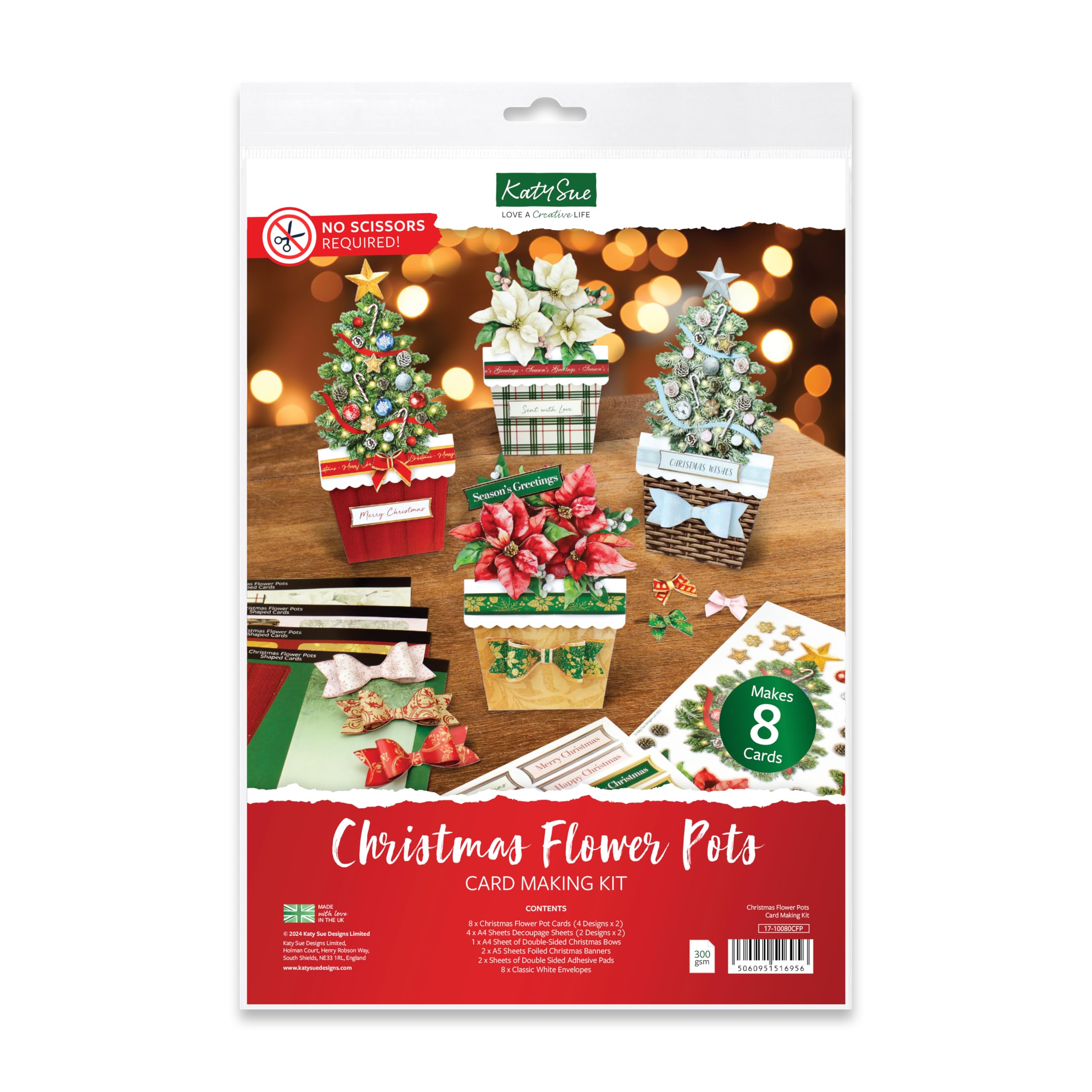 Katy Sue Christmas Flower Pots Card Making Kit. 8 Cards & Envelopes, 4 Sheets Die-Cut Decoupage, 1 Sheet Decoupage Bows, Adhesive Pads & 2 Sheets Foiled Banners for Christmas Card Making Supplies
