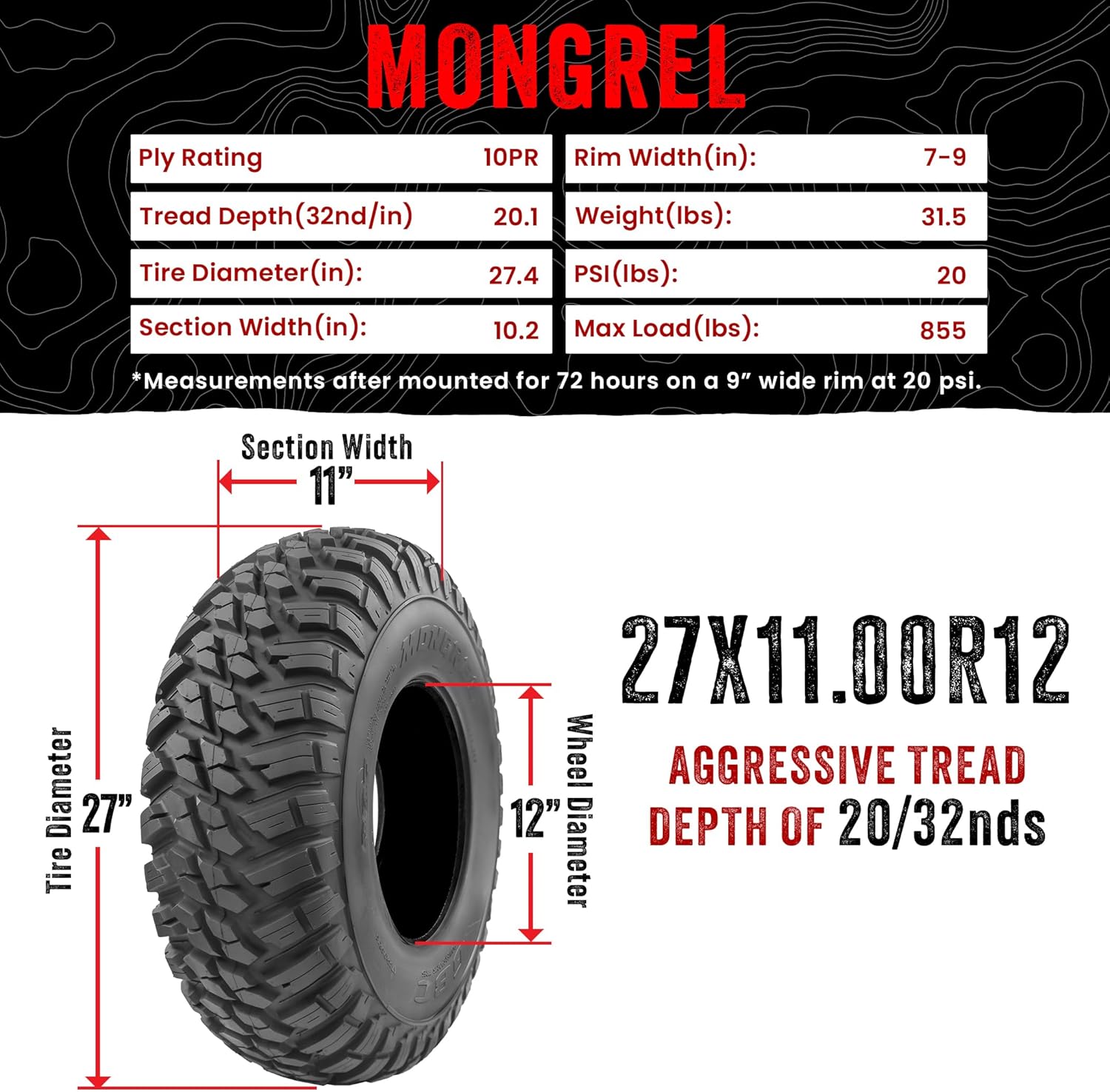 Set of 4 GBC Mongrel ATV/UTV Tires, 27X9-12 Front & 27X11-12 Rear, 10-Ply Rated All-Terrain Radial Construction