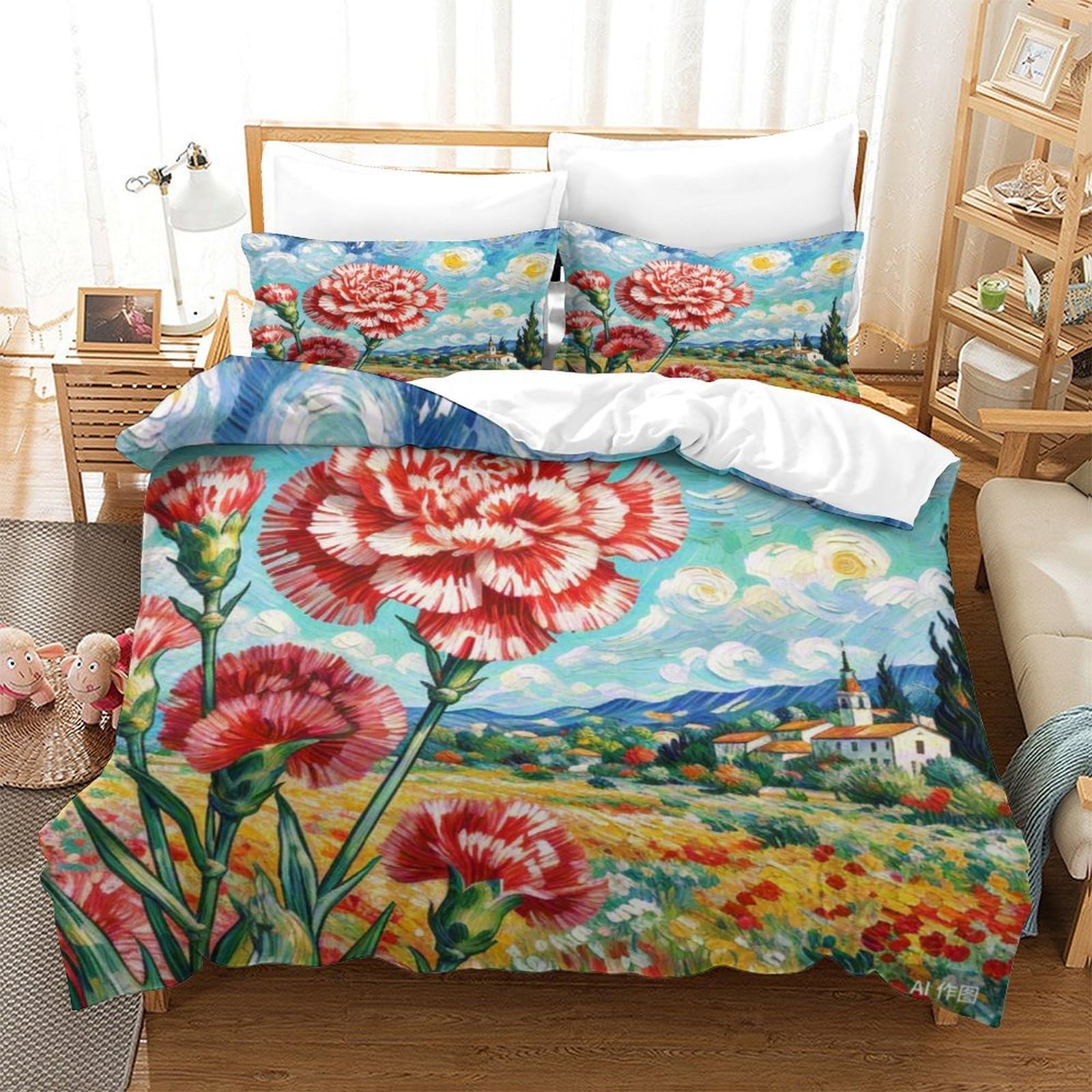 Housse de couette parure de lit fleurie en microfibres douces 260x220 cm avec taie d'oreiller